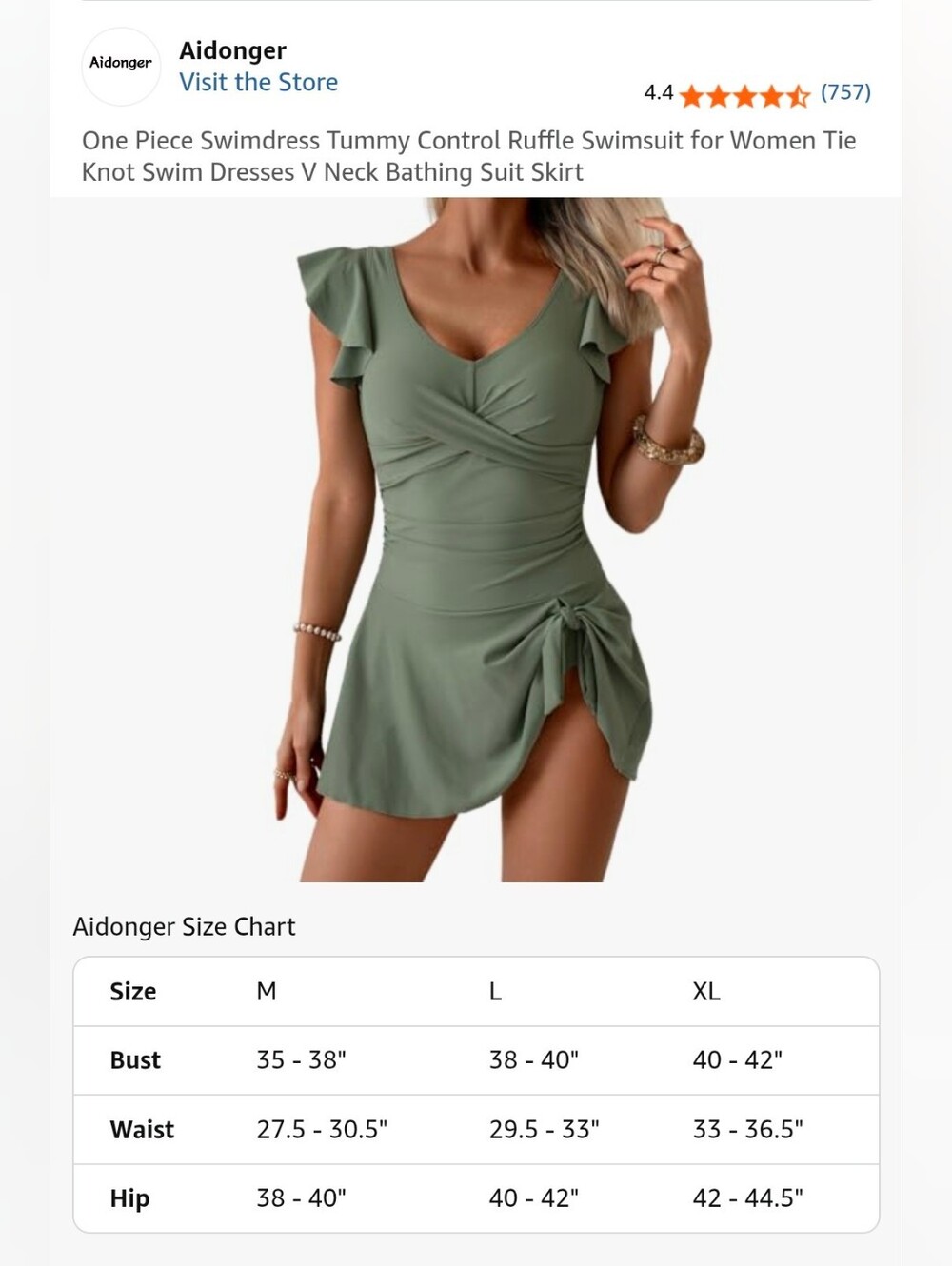 NWT Aidonger Army Green One-Piece Ruffle Swim Dress Tummy Control - XL - Picture 10 of 10